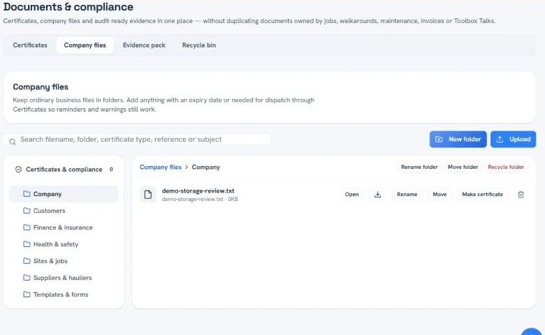 Authenticated sample GoPlannr Company files with folders, one test file and file actions