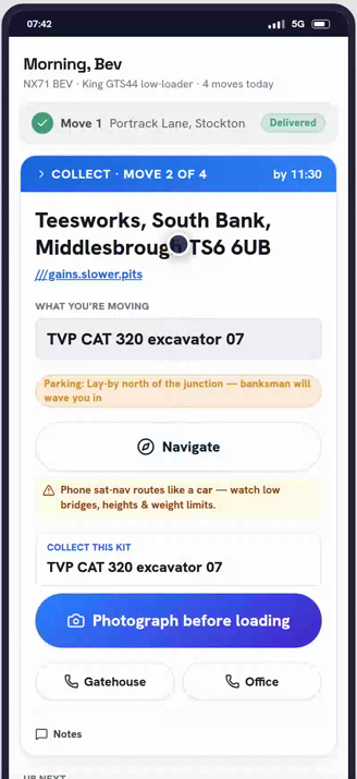 The driver’s phone at the lorry: Move 2 of 4, collect a Cat 320 excavator at Teesworks by 11:30, with the parking note, Navigate and Photograph before loading on the same screen