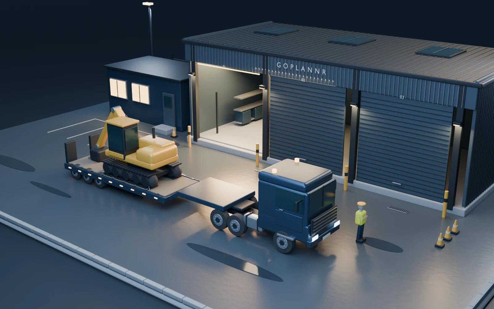 Blue-hour Blender yard illustration with a loaded low-loader outside the illuminated workshop