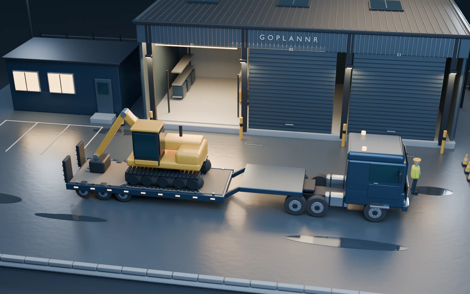 Blender illustration of the excavator and low-loader in the yard, viewed from above