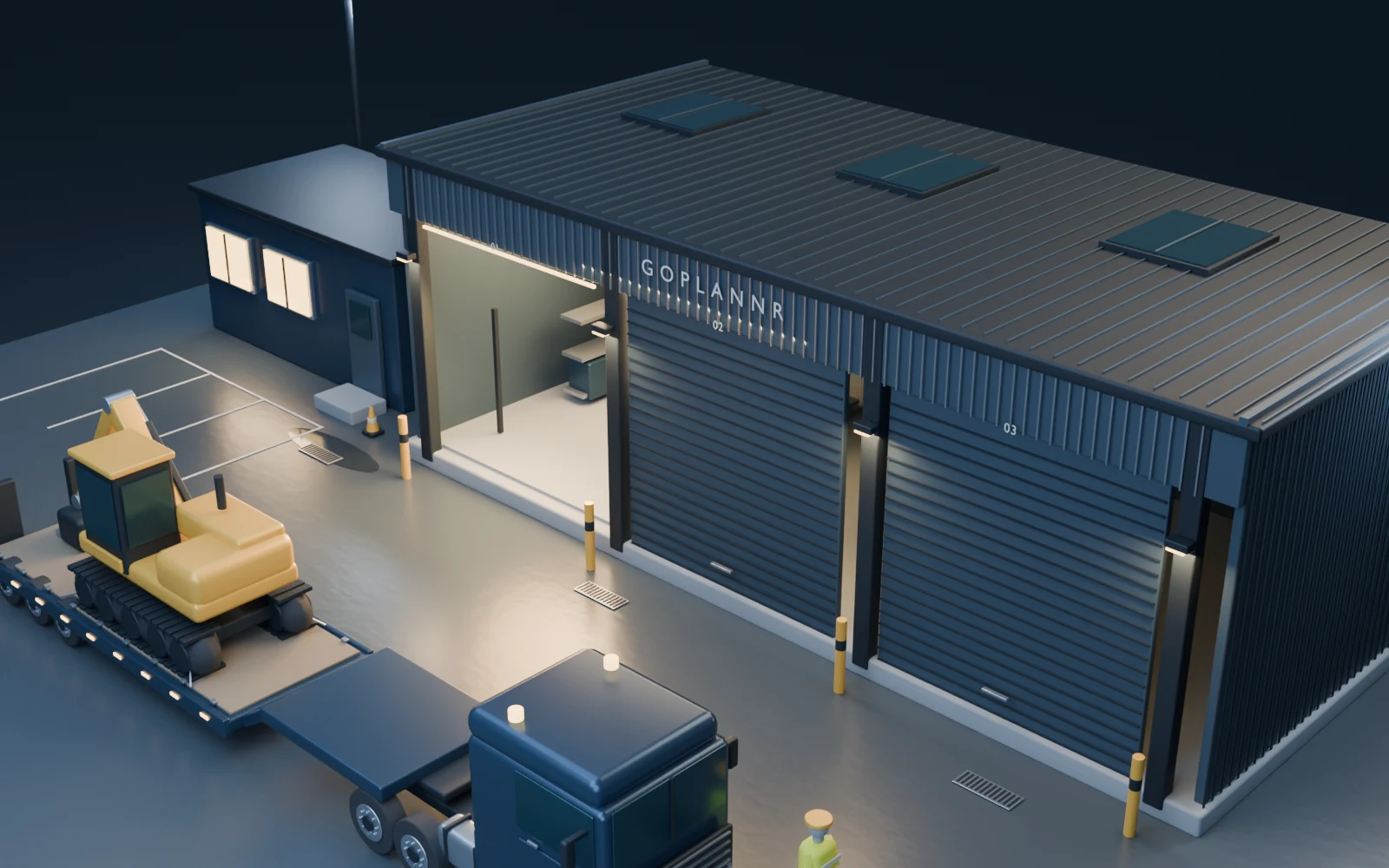 Blender illustration of the GoPlannr workshop, its lit service bay and the yard outside