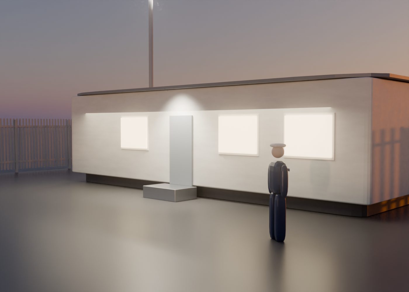 The office at blue hour with its windows lit and the planner at the door