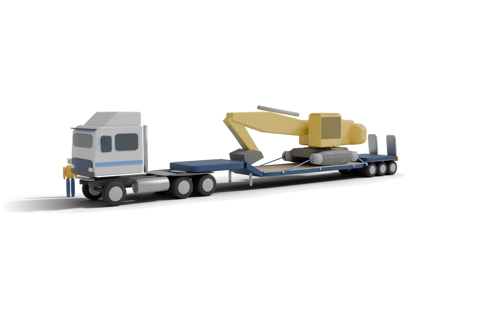 The outfit: a tractor unit and step-frame low-loader with a Cat 320 excavator chained on, rendered on paper