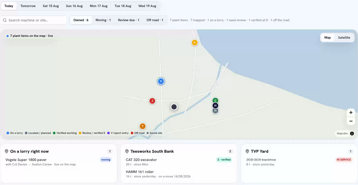 Kit locator map with seven machines, one verified working, one on a lorry right now and live, and the site cards beneath