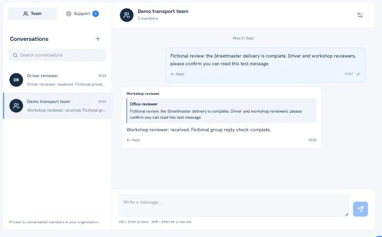 Authenticated sample GoPlannr Messages group conversation between office and workshop reviewers
